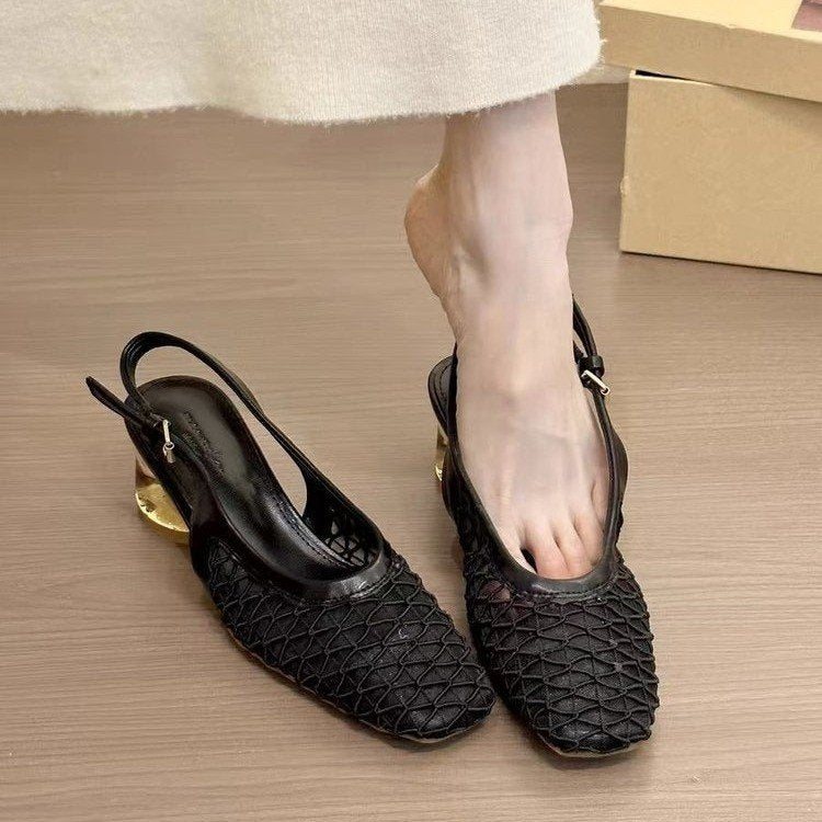 2026 French Retro Square Toe Mesh Hollow Block Heel Mary Jane Sandals For Women