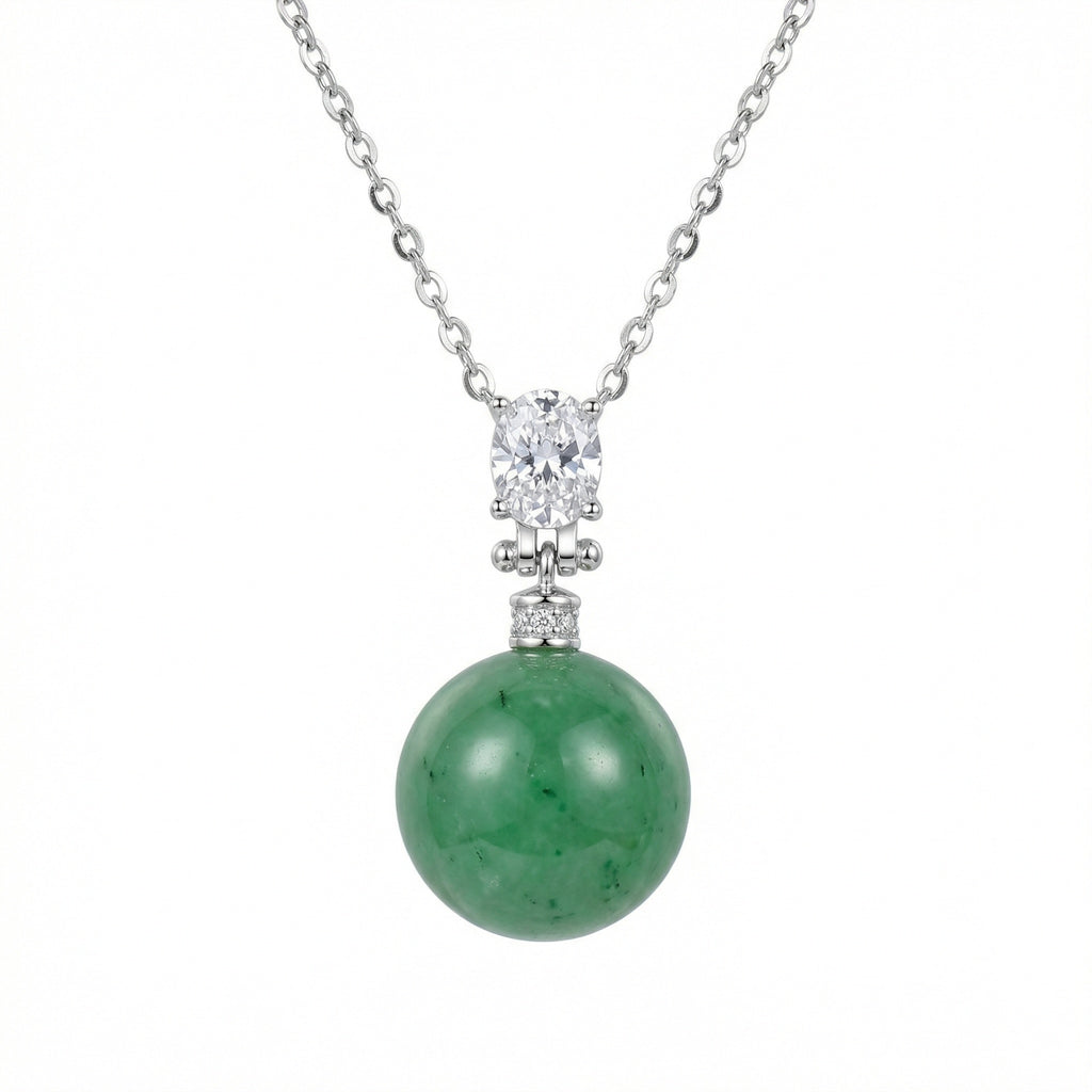 925 Sterling Silver Elegant Green Jade Sphere and Oval Diamond Silver Pendant Necklace