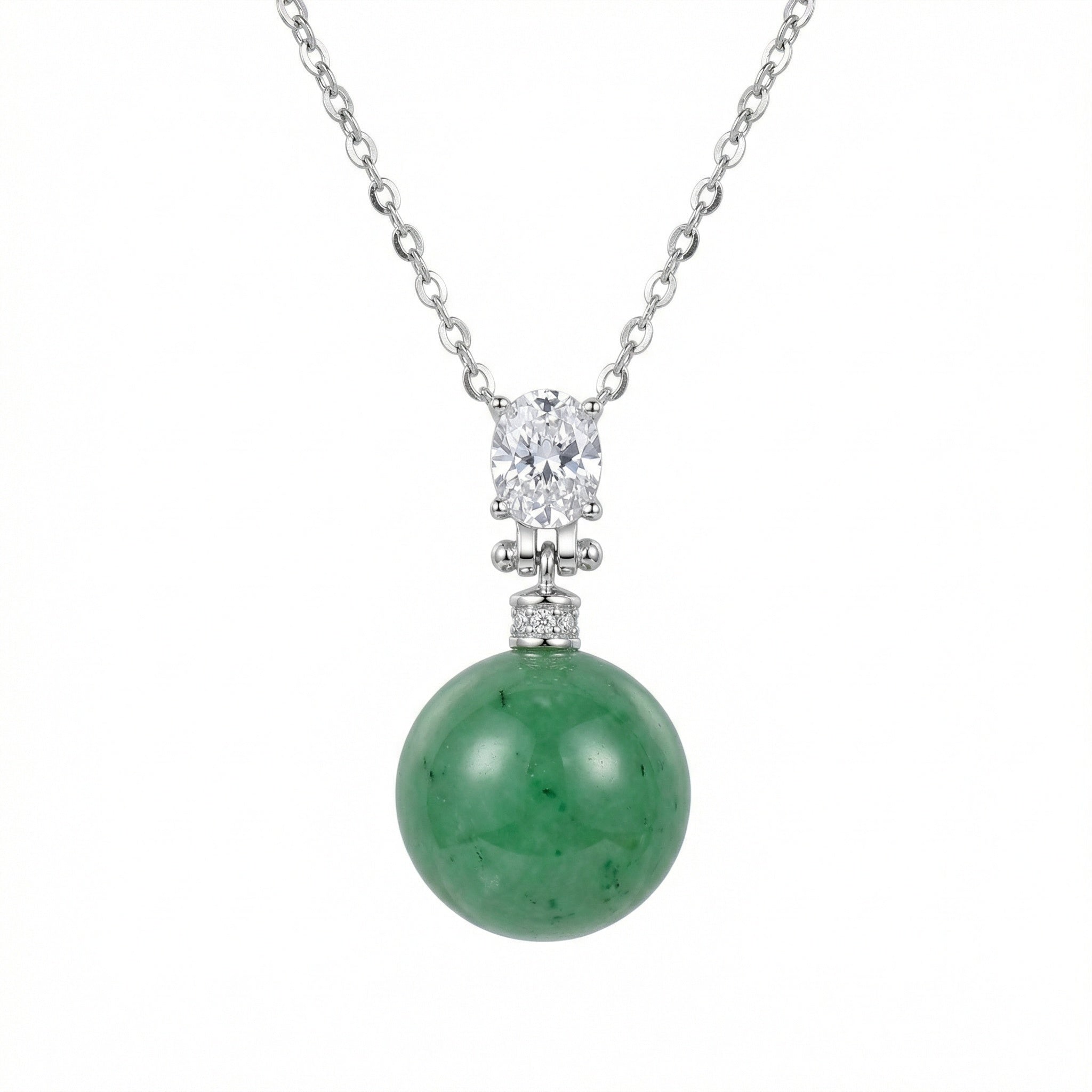 925 Sterling Silver Elegant Green Jade Sphere and Oval Diamond Silver Pendant Necklace