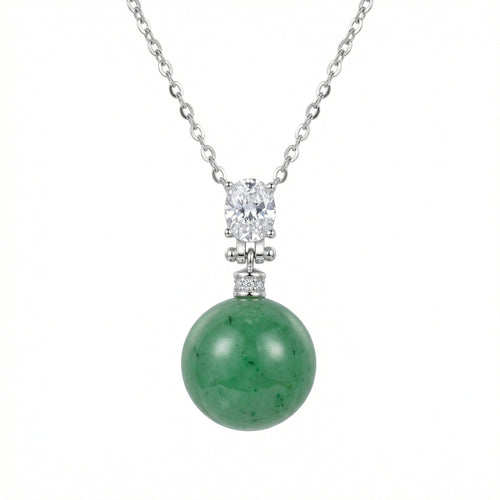 925 Sterling Silver Elegant Green Jade Sphere and Oval Diamond Silver Pendant Necklace