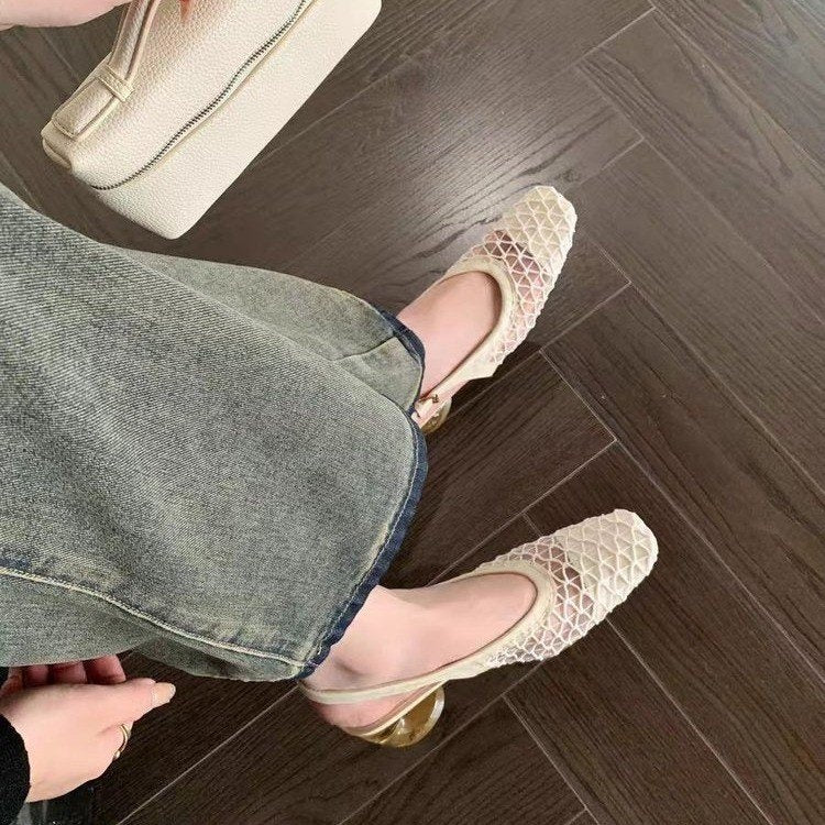 2026 French Retro Square Toe Mesh Hollow Block Heel Mary Jane Sandals For Women