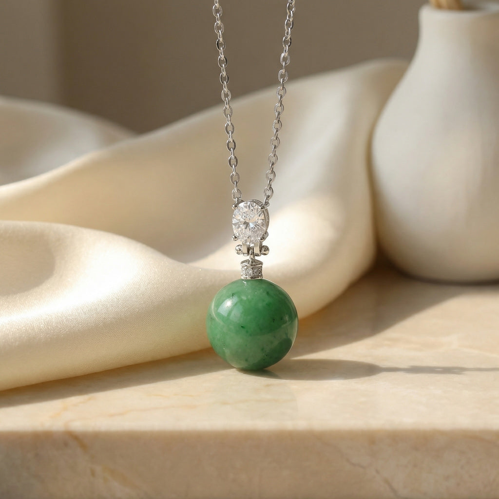 925 Sterling Silver Elegant Green Jade Sphere and Oval Diamond Silver Pendant Necklace