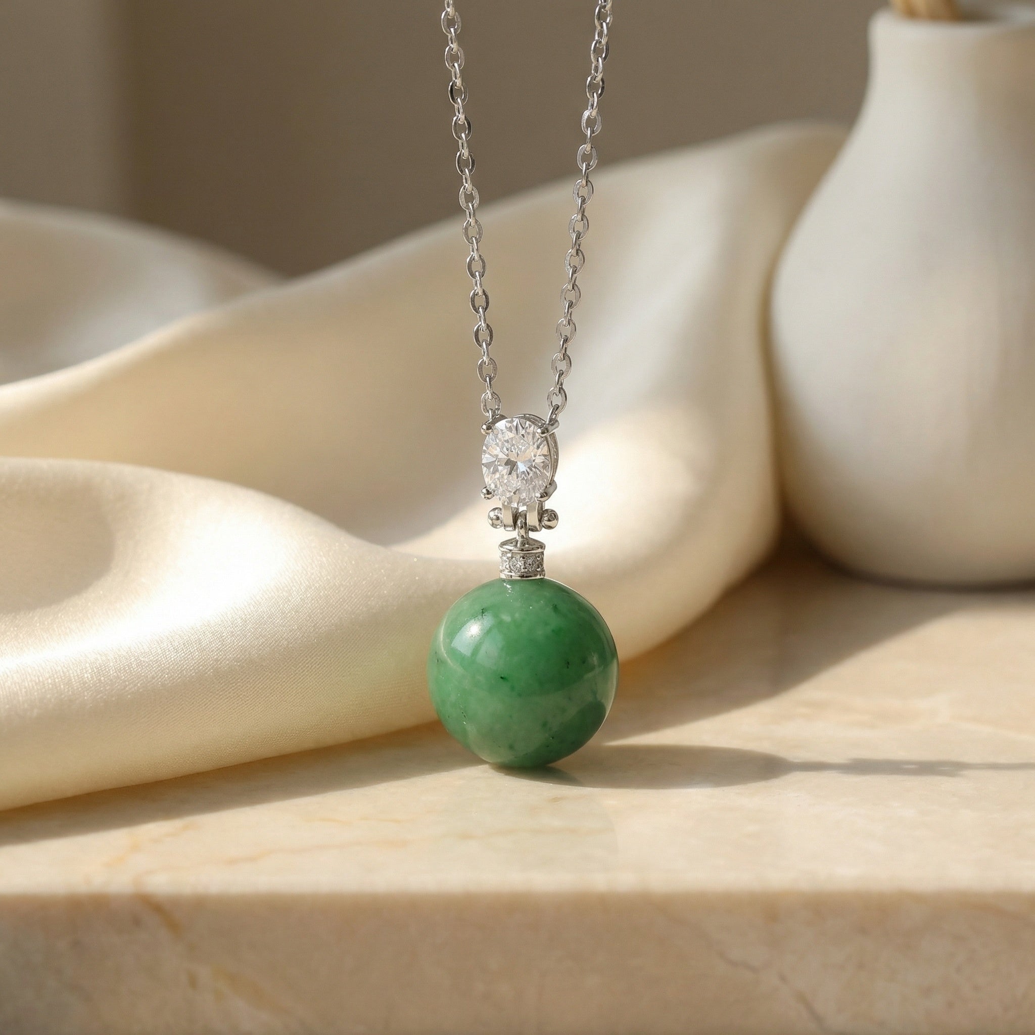925 Sterling Silver Elegant Green Jade Sphere and Oval Diamond Silver Pendant Necklace
