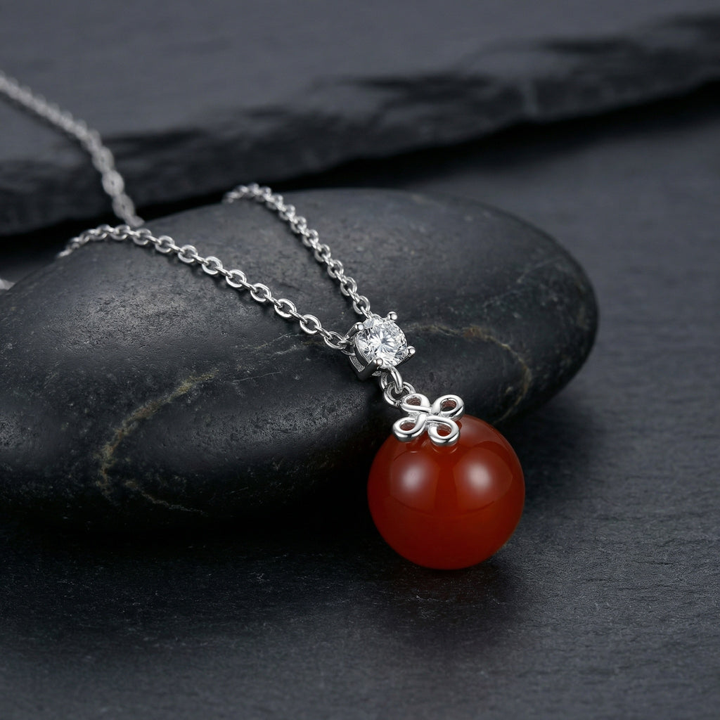 925 Sterling Silver Elegant Sterling Silver Pendant Necklace Featuring a Vibrant Red Agate and Sparkling Diamond Accent