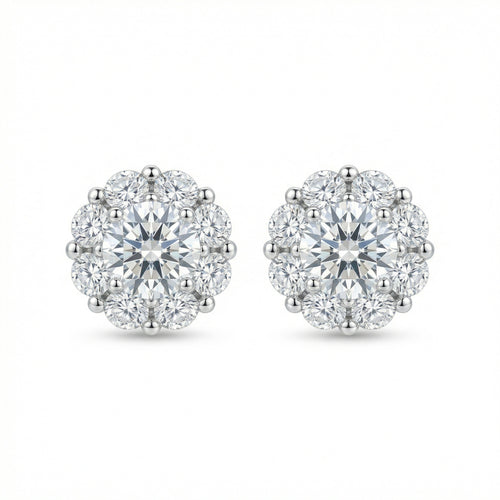 925 Sterling Silver Elegant Round Brilliant Diamond Halo Stud Earrings in Polished White Metal