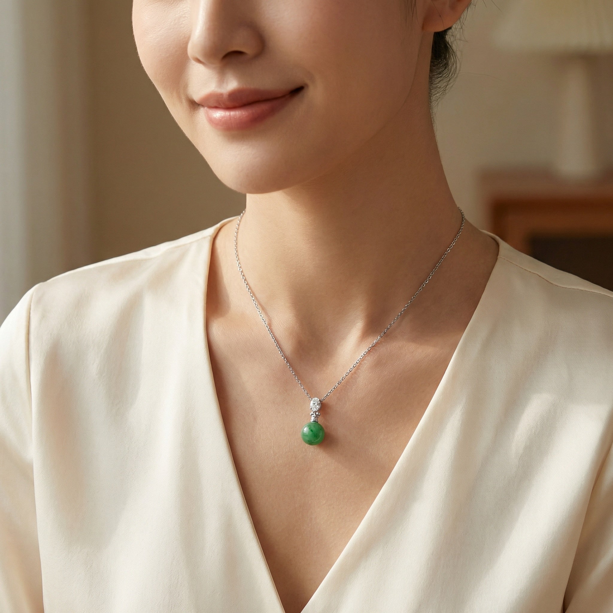 925 Sterling Silver Elegant Green Jade Sphere and Oval Diamond Silver Pendant Necklace