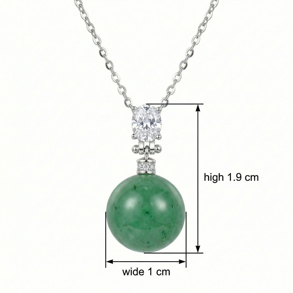 925 Sterling Silver Elegant Green Jade Sphere and Oval Diamond Silver Pendant Necklace