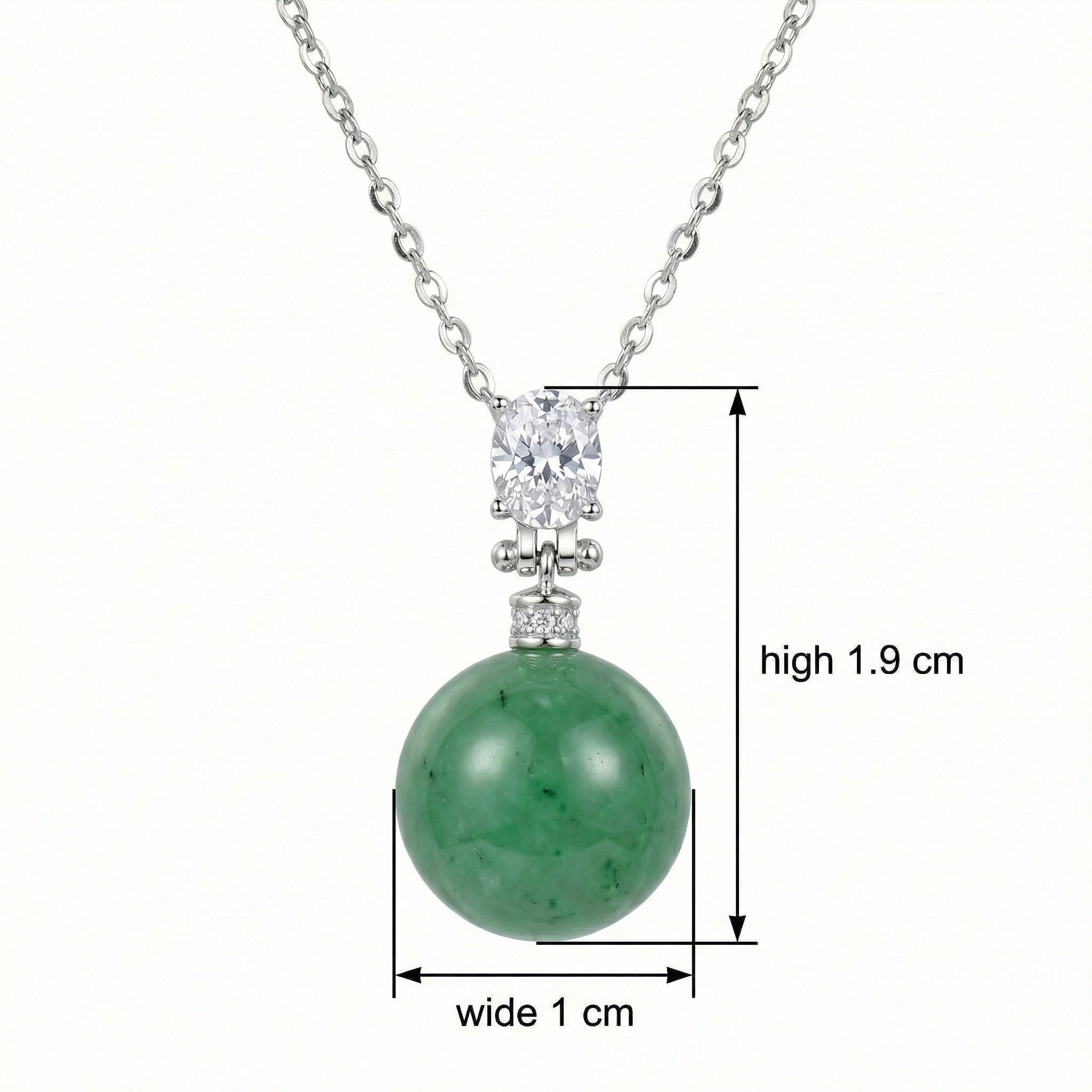 925 Sterling Silver Elegant Green Jade Sphere and Oval Diamond Silver Pendant Necklace