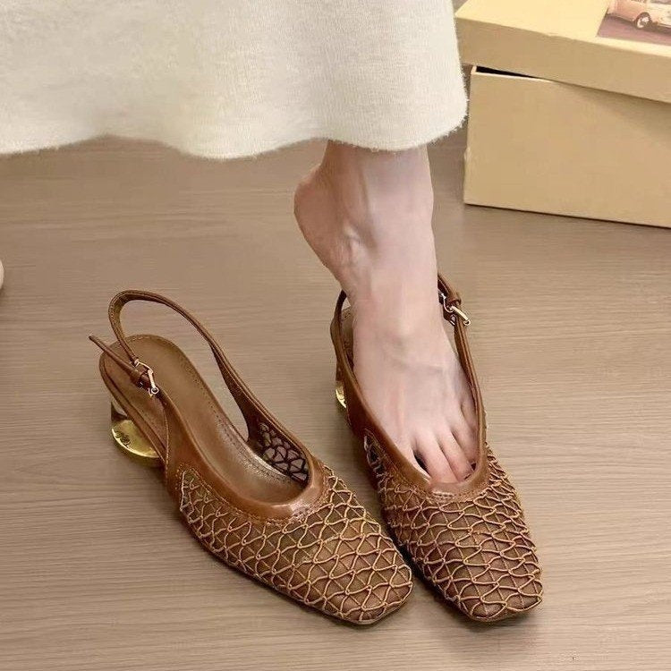 2026 French Retro Square Toe Mesh Hollow Block Heel Mary Jane Sandals For Women