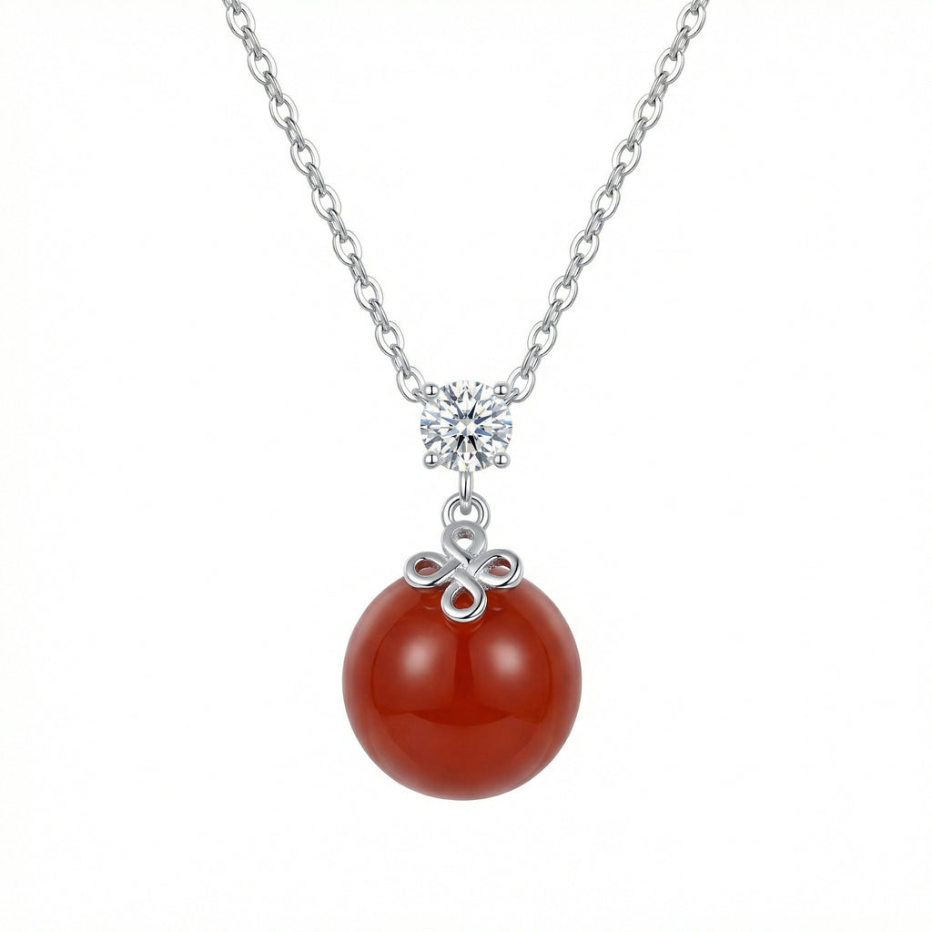 925 Sterling Silver Elegant Sterling Silver Pendant Necklace Featuring a Vibrant Red Agate and Sparkling Diamond Accent